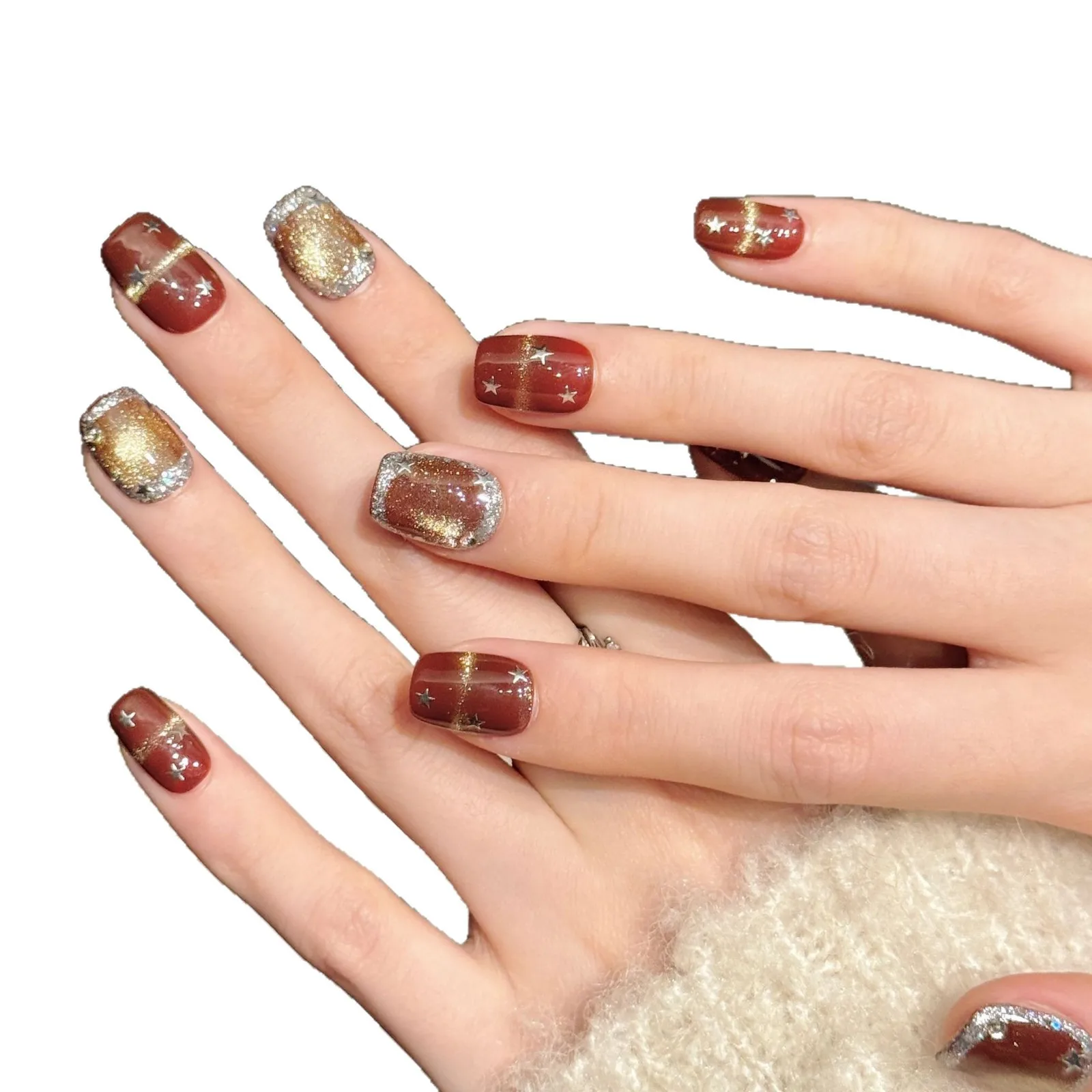 10 STKS Handgemaakte Druk Op Nagels Rood Goud Glitter Ster Ontwerp Volledige Dekking Nep Nagels Nieuwjaar Nail Art Met 4-DUK Gereedschap Lijm