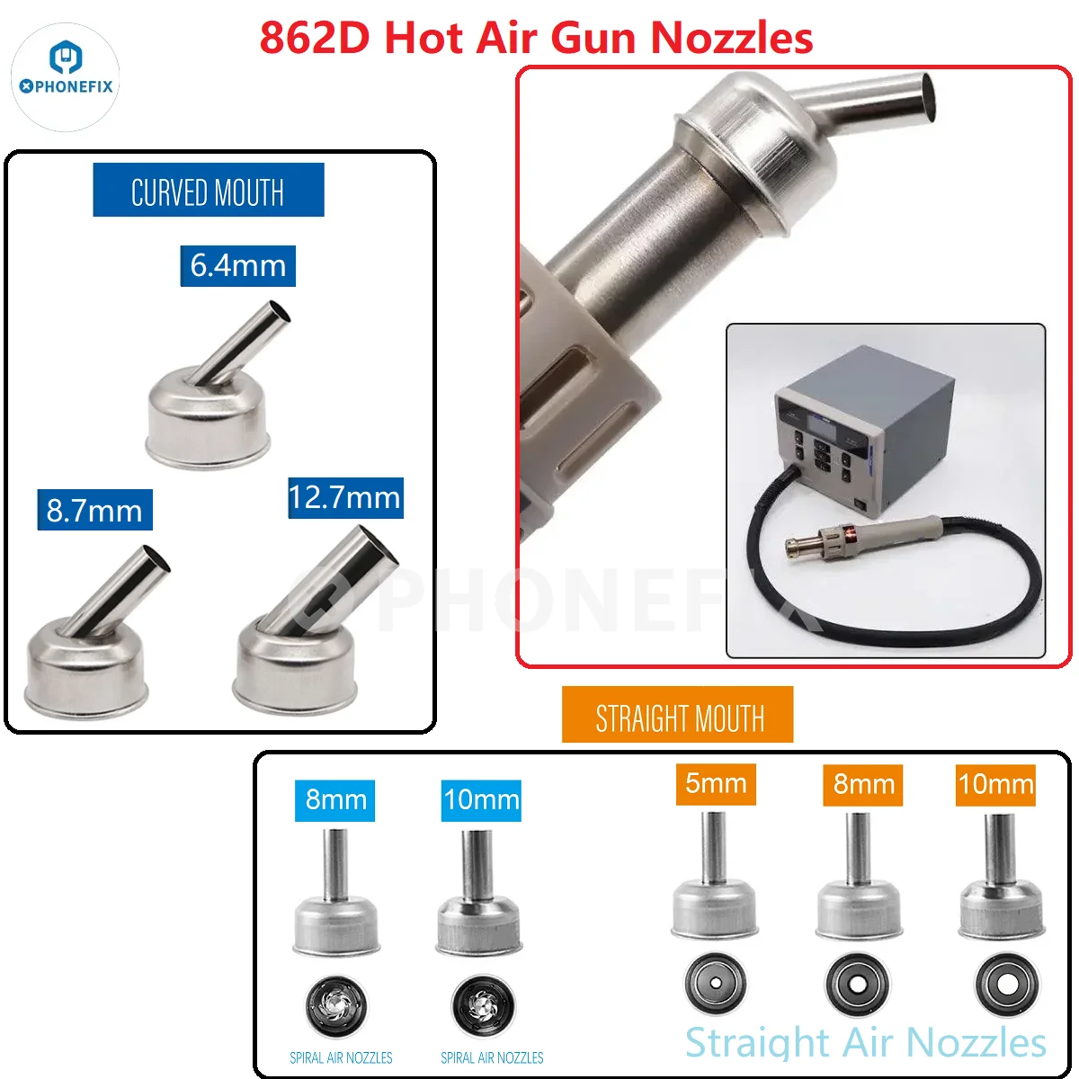 Original Hot Air Gun 862D Nozzle Anti-corrosion Bent / Straight / Spiral Air Nozzles For ATTEN ST-862D Soldering Station Tools