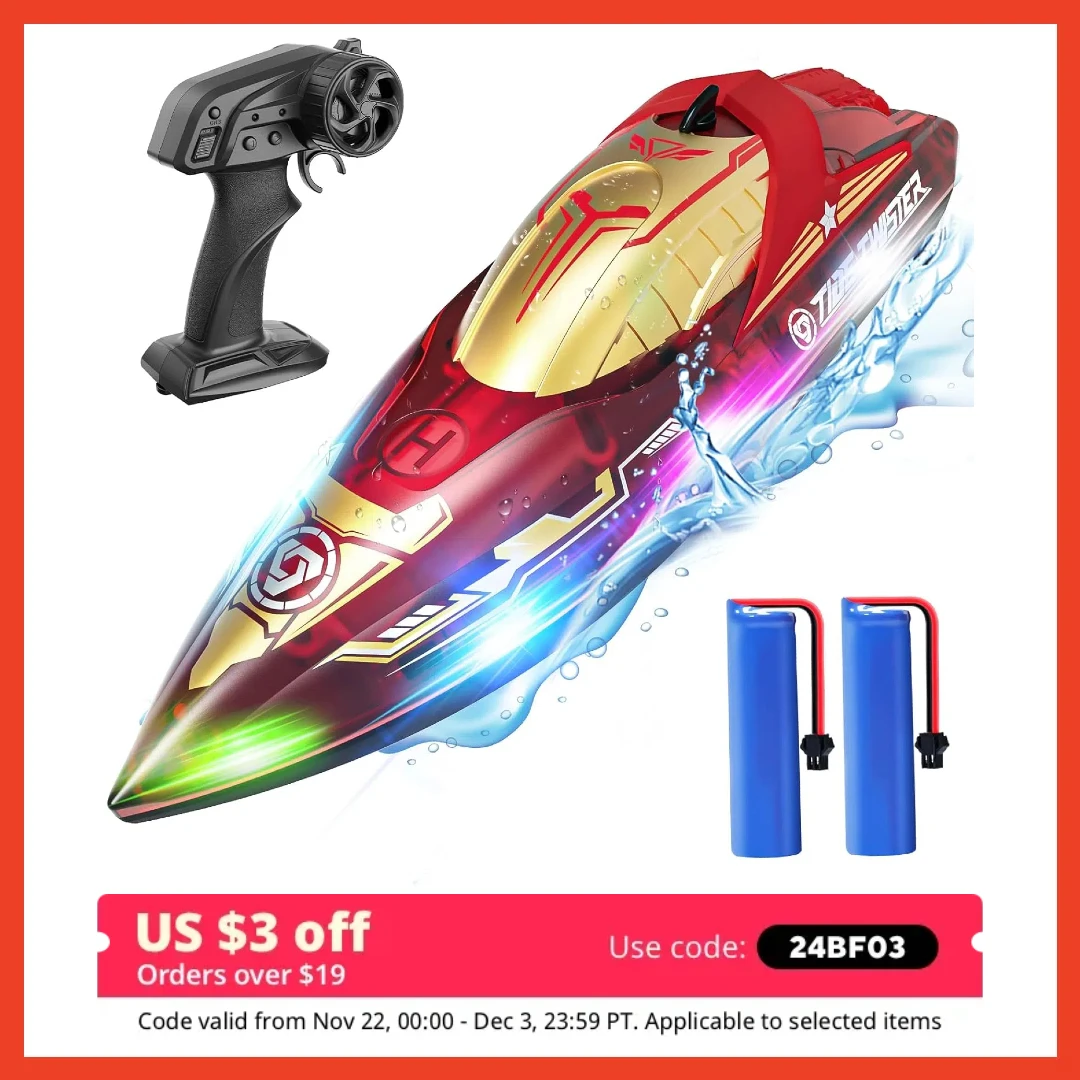 DEERC RC Boat: LED Lights, 2.4Ghz, 80 Min Run, Capsize Recovery, Water Sensing, Summer Toy.