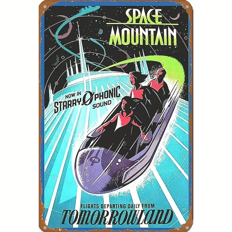 Space Mountain Vintage Metal Tin Sign - Retro Sci-Fi Wall Art for Home, Game Room, Kids' Room and Amusement Park Decor