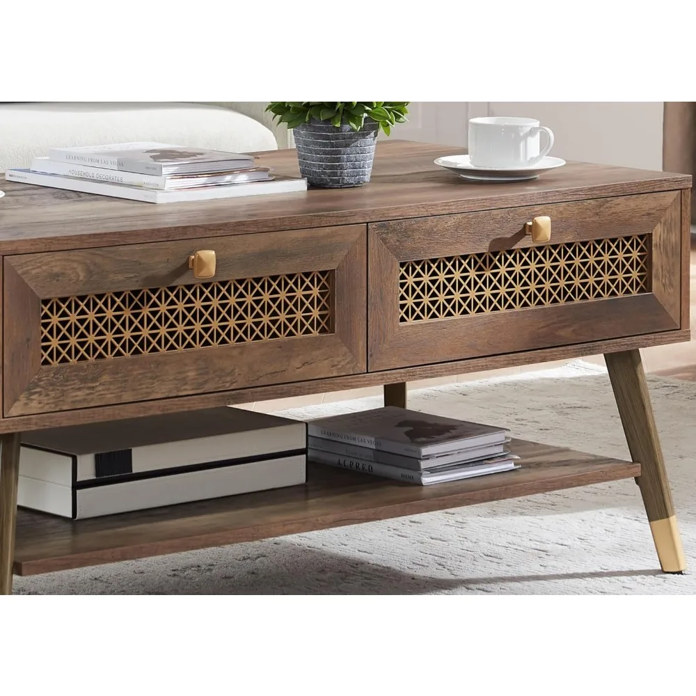木製ミッドセンチュリーモダンコーヒーテーブル、リビングルーム用の引き出し2つ付き長方形コーヒーテーブル、素朴なオーク