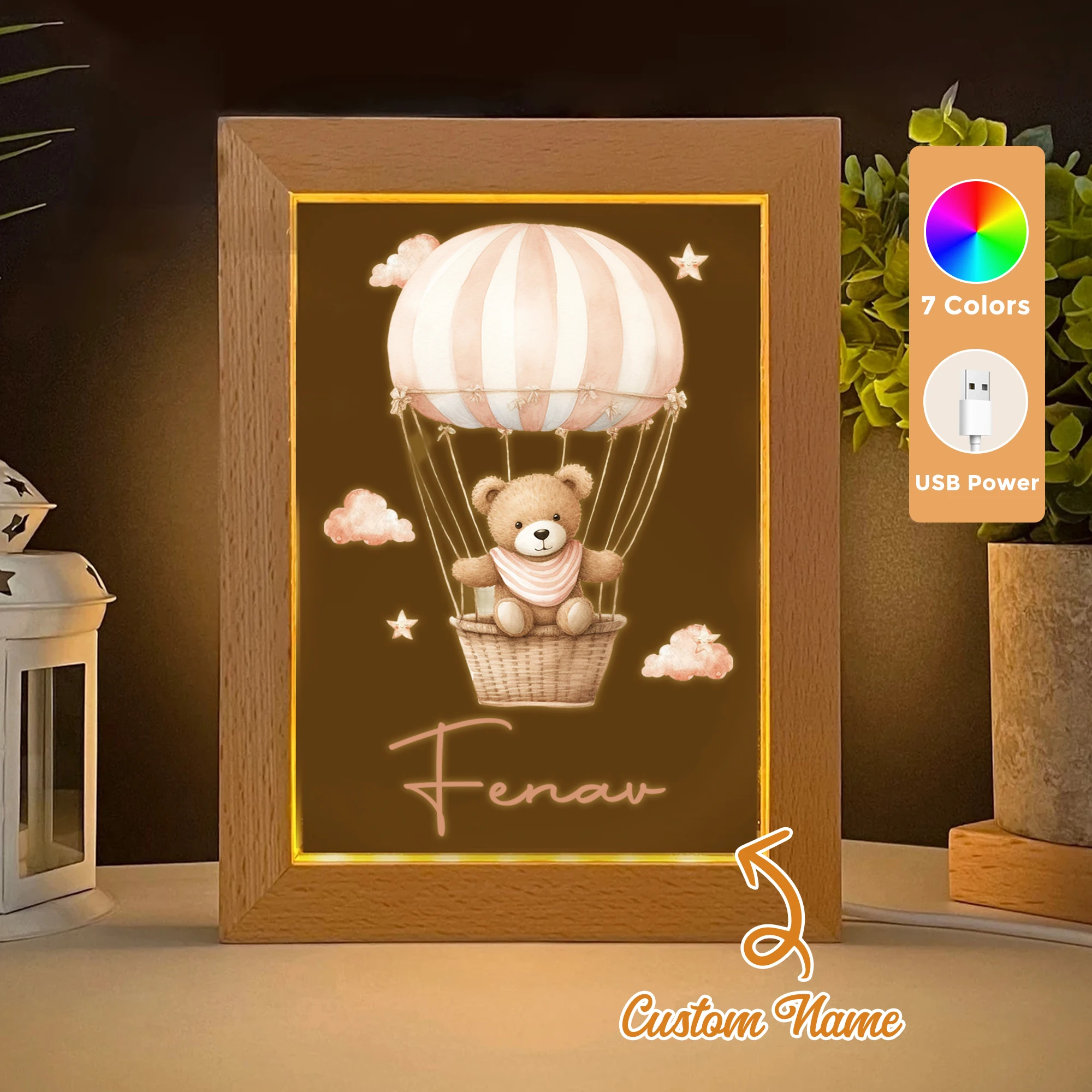

2D Flat Custom Name Bear LED Acrylic Night Light Wood Photo Frame 21x17cm Cartoon Children Bedroom Gifts Home Decor