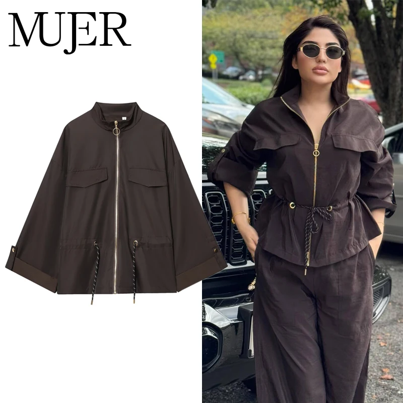 

MUJER Safari куртки-бомберы для женщин на молнии университетские женские куртки свободные новые пальто и куртки женская верхняя одежда на шнурке