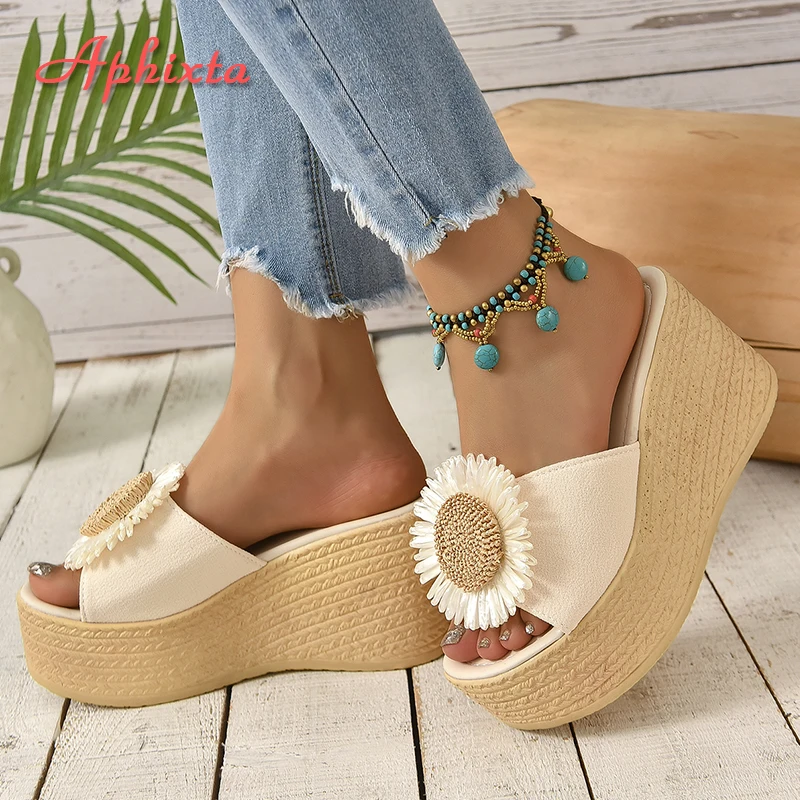 Aphixta Beige Summer 9cm Wedge Heels Slippers Women Bohemian Sunflower Mulers 4cm Platform Sandals Clog Shoe Slides Plus Size 43