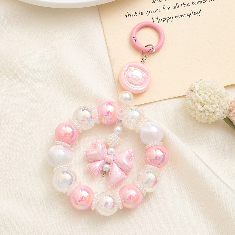 Cute Bowknot Phone Chain Keychain Pendant Acrylic Pearl Beaded Phone Chain Bag Charms Anti-lost Wristband For Women Girls Gift