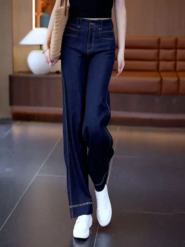 

Women's Slim Straight Denim Jeans High Waist Ice Silk Wide Leg Pants Thin Summer New Style Blue Color Breathable Comfortable