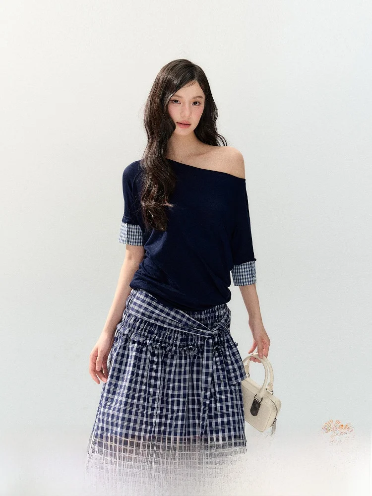 

7iftin Original Design Korean Sle Spliced Two-color oulder ort Sve Women's T-irt Waist-cinching Top Spring Faion