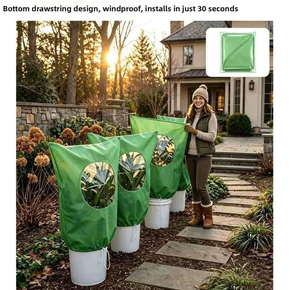 Non-Woven Fabric Plant Frost Protection Cover Breathable with Transparent Window Plant Anti-Freeze Cover Drawstring