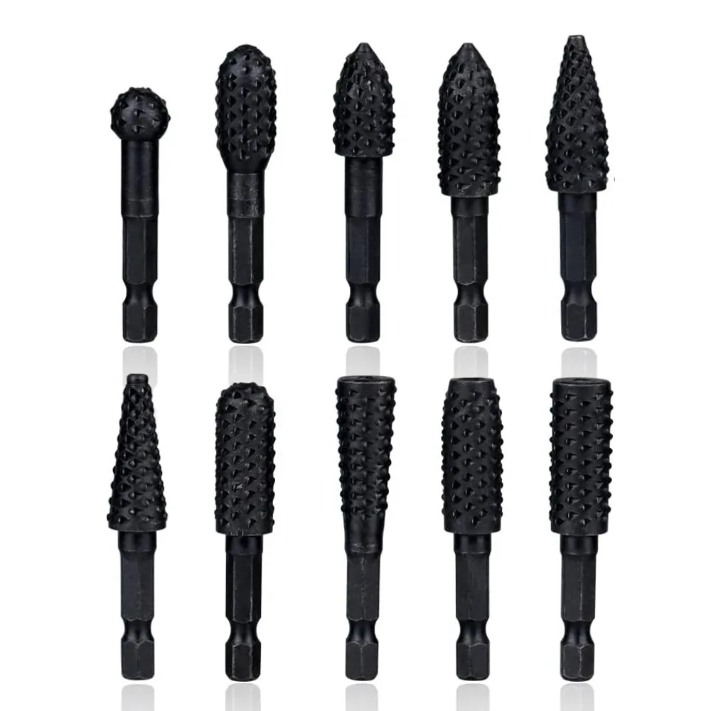 5pcs/10pcs Rotary Burr Rasp Set Wood Carving File Rasp Drill Bits 1/4\'\' Hex Shank Rotary Rasp File Set Fit for DIY Woodworking