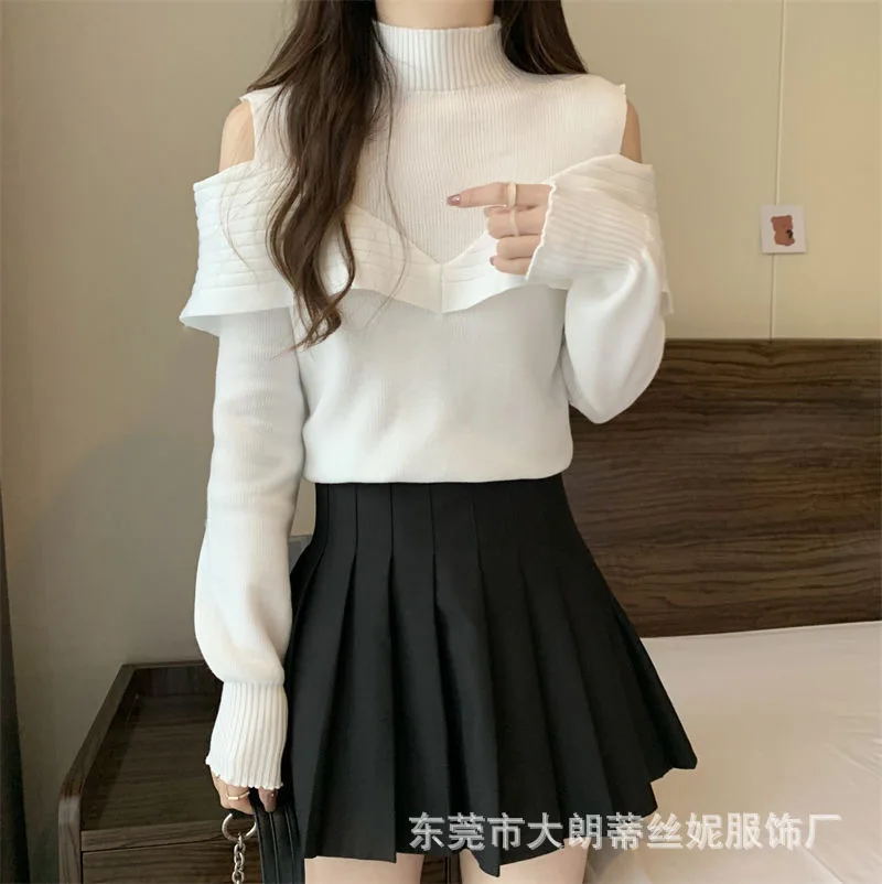 

Women's Sweater New Korean Version Half High Neck Base Sweater Women's Design Sense Off Shoulder Long Sleeved Knitted Sweater