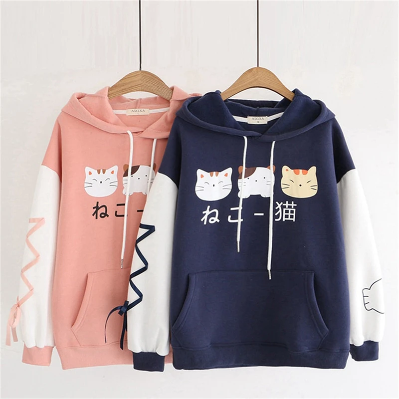 

Spring And Autumn New Cute Sweatshirt Cartoon Cat Print Hooded Fleece Warm Pullover Stitching Sweatshirt Women's Clothing