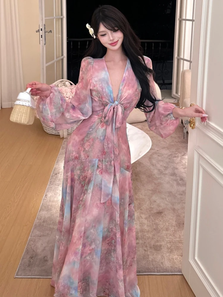 

Sexy Elegant Floral Print V-Neck Long Dress Knot Waist Slimming Travel Casual Wear Resistant Stretchy Spring Autumn