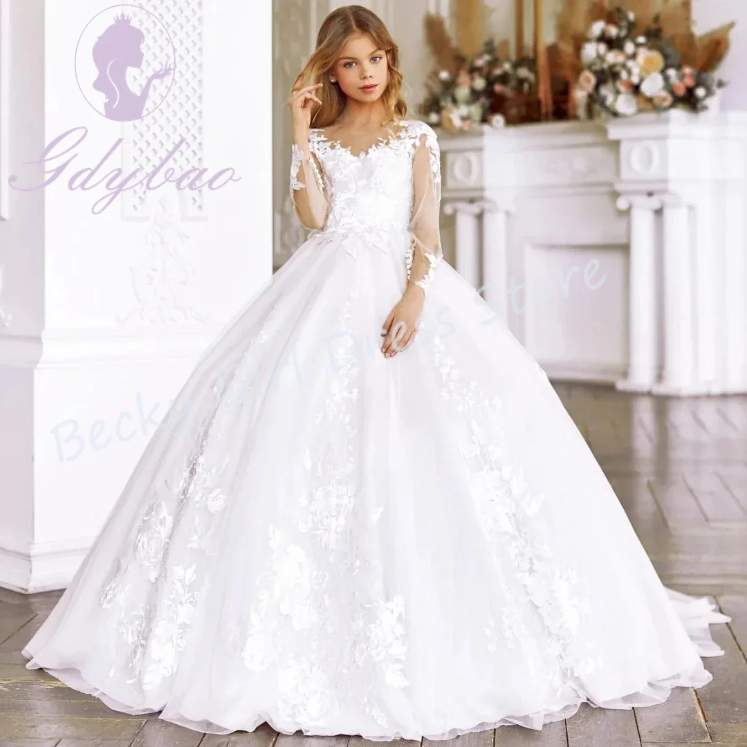 Индивидуальные платья цвета слоновой кости для девочек-цветочниц на свадьбу, атласные аппликации длиной до пола, платье Quinceanera для первого причастия, выпускного вечера