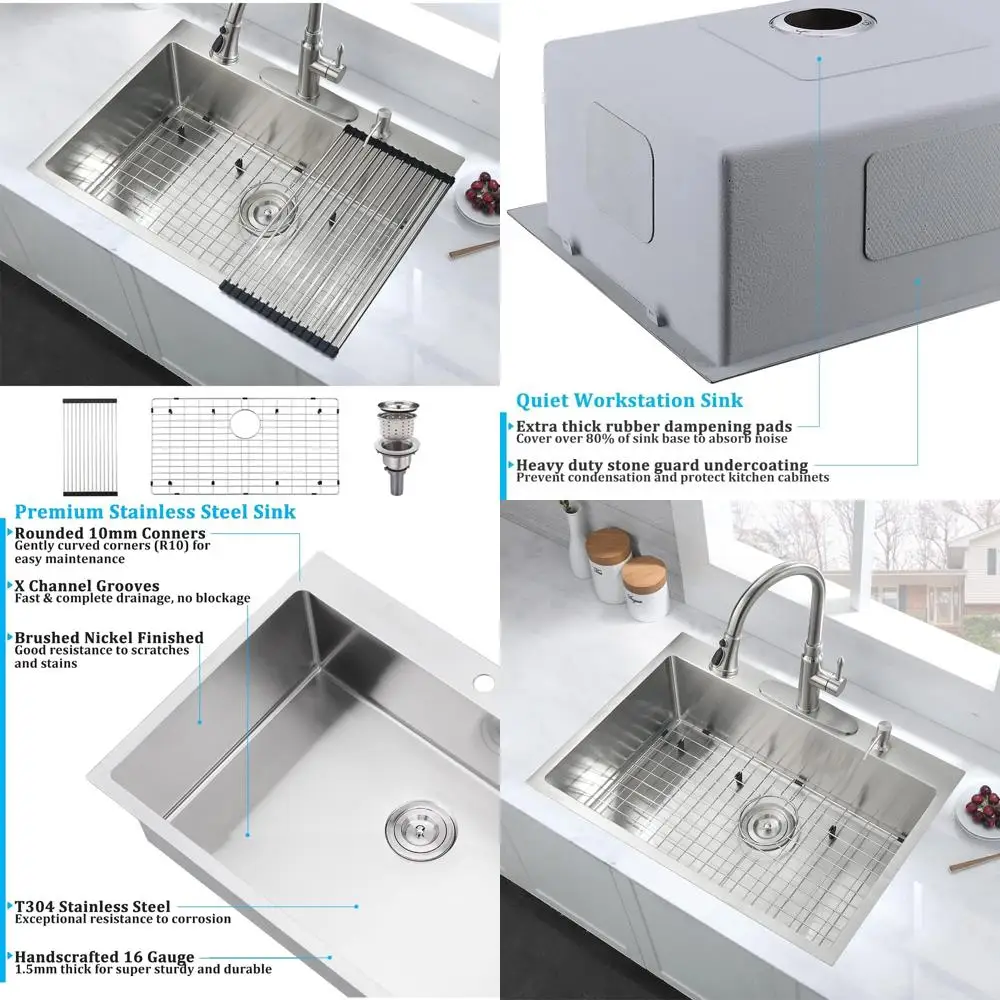 

Stainless Steel 28 Inch Single Bowl Kitchen Sink, Topmount Design, Brushed Nickel Finish, Deep Basin for Efficient Use