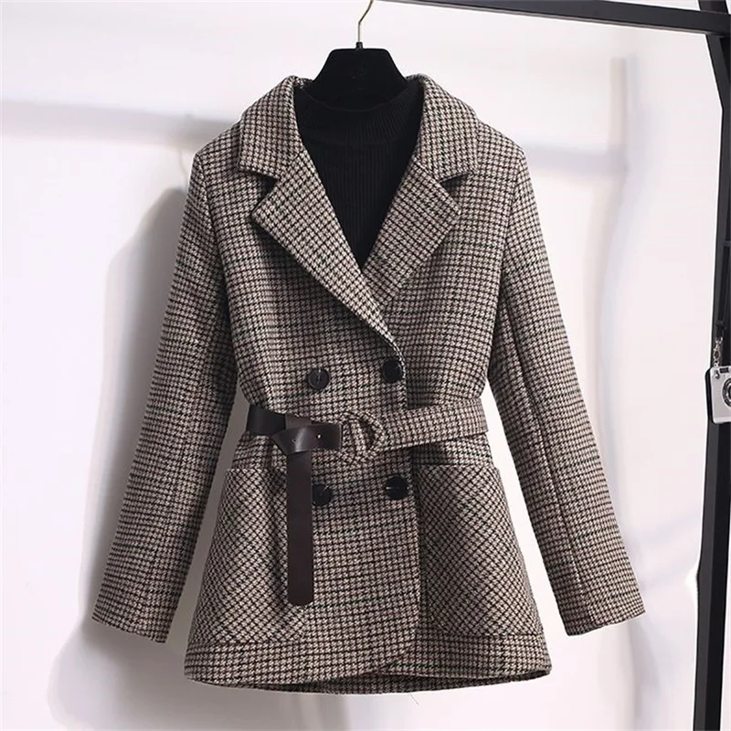 

Women Woolen Suit Coat 2023 Autumn Winter New Korean Thousand-Bird Short Jacket Wool Blended Coat Female Blazers Tops Outerwear