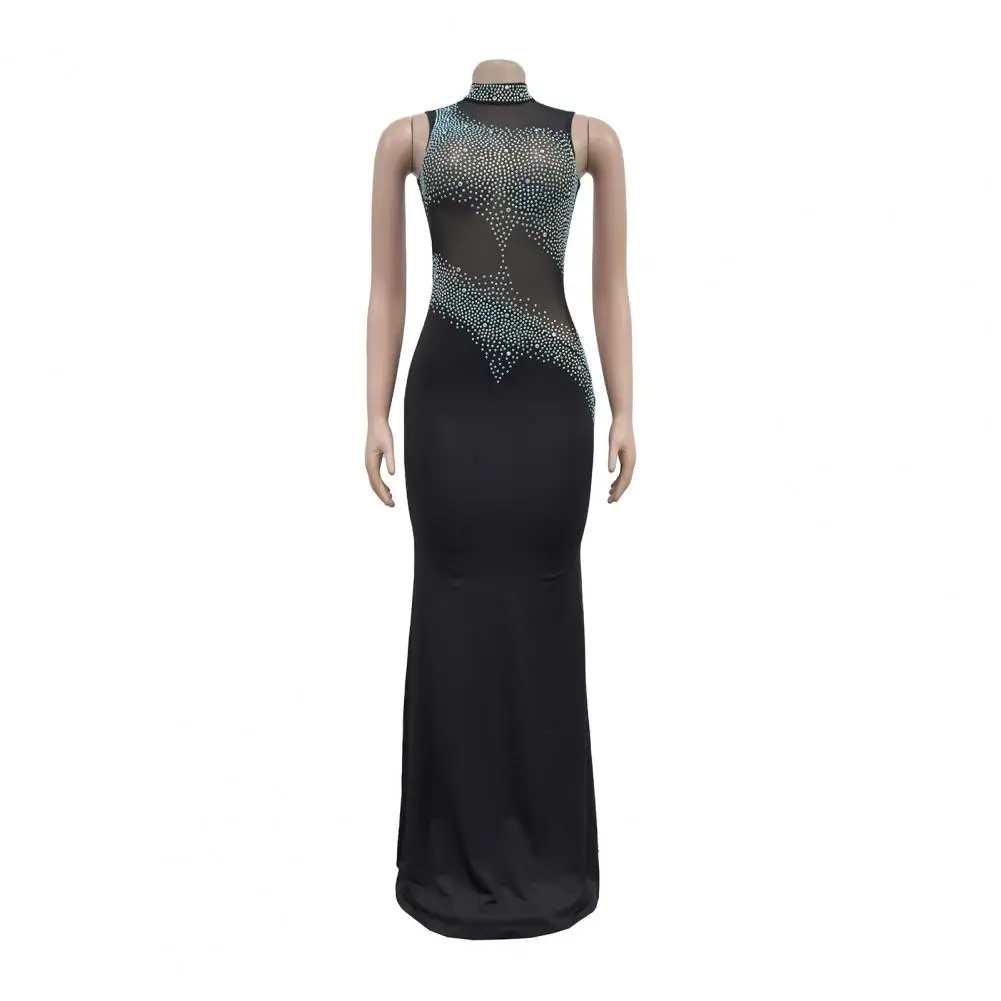 Women Dress Elegant Rhinestone Embellished Evening Gown with Mesh Detailing Design for Prom Wedding or Formal Events Hip-hugging