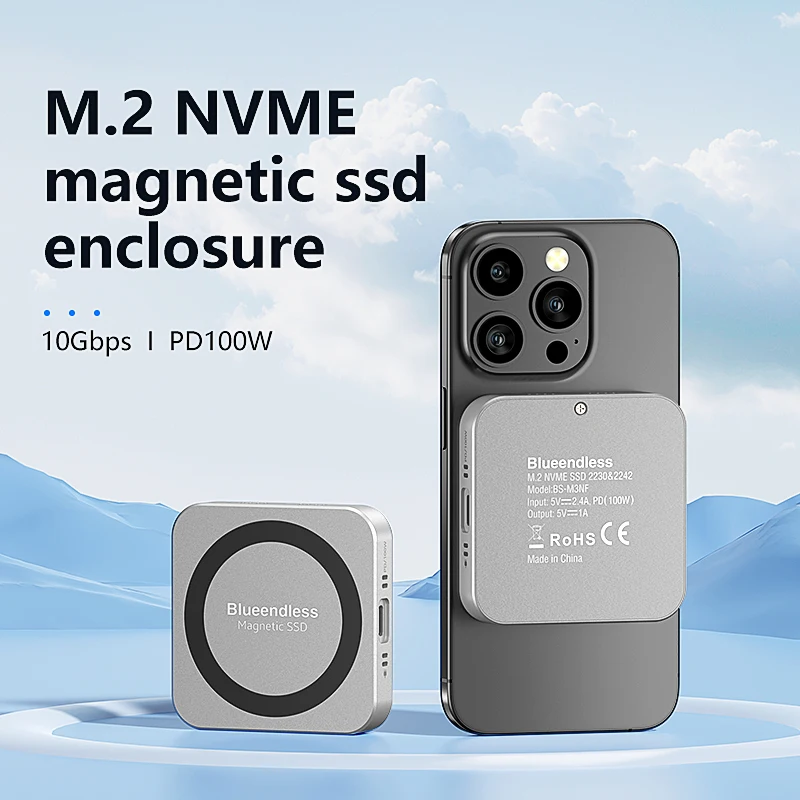 USB 3.1 Gen 2 Type C 10Gbps Fan Magnetic SSD Enclosure M.2 Enclosure NVME M2 Case Enclosure Support 4K 60Hz ProRes HD Video