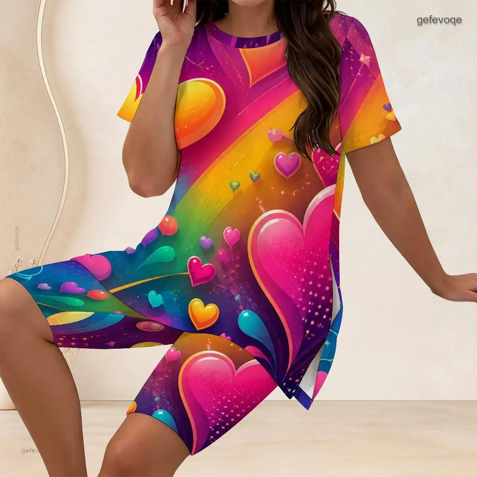 Women 2 Piece Outfit Round Neck Short Sleeve Split Side Long T Shirt With Biker Shorts Set Custom Print Ladies Casual Loungewear