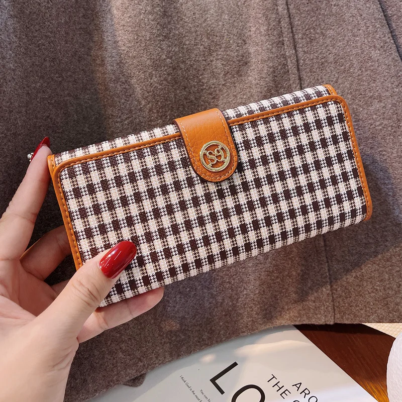 Long Genuine Leather Women Wallets Two-toned Cowhide Phone Purse High Capacity Houndstooth Clutch Bag Branded Style Billfold