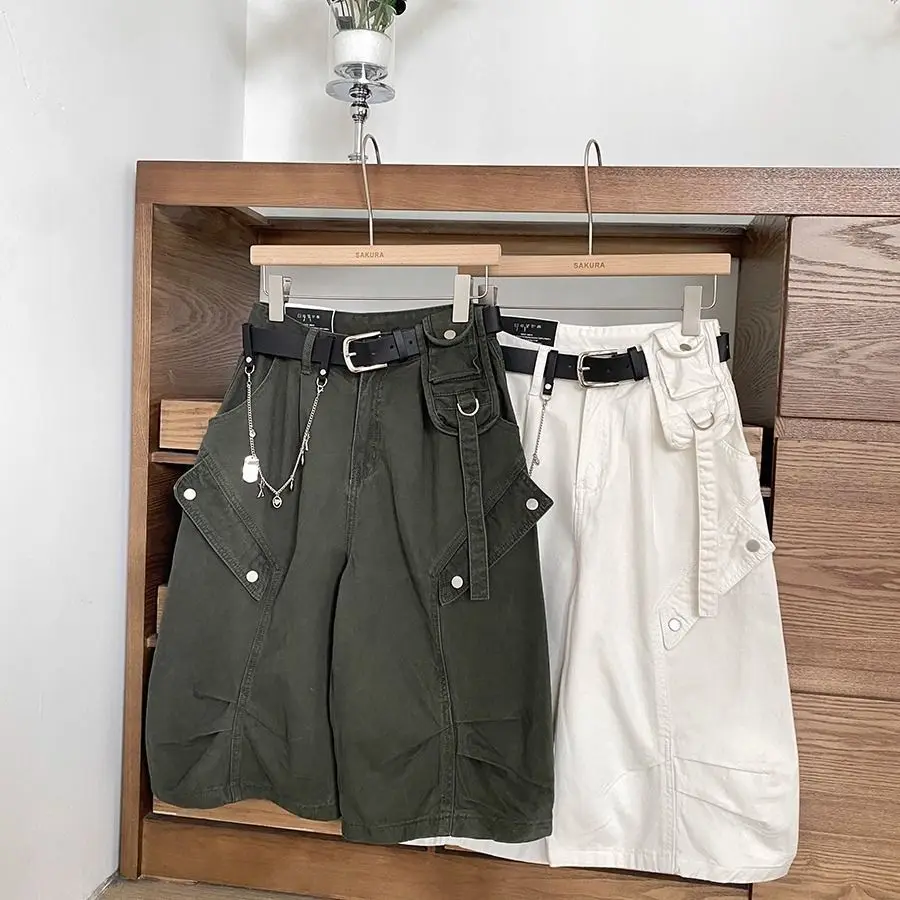 

Summer 2026 New Korean Fashion Pocket High Waist Calf-Length Pants Women Clothing All-match Solid Color Five Quarter Pants Femme