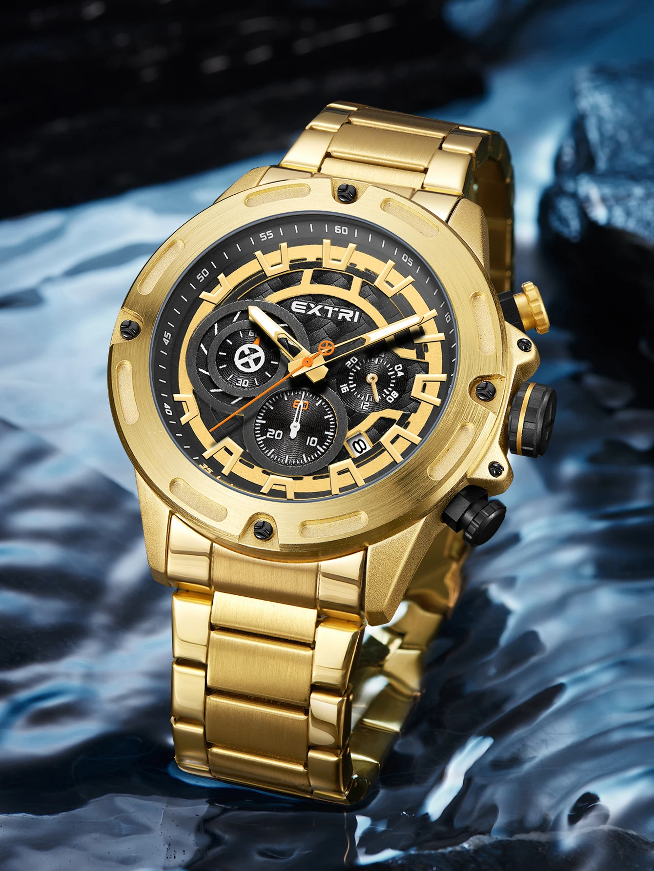 Extri Hot Sale Stainless Steel Luxury Brand Functional Watches Chronograph Men Golden Watches with Discount Price