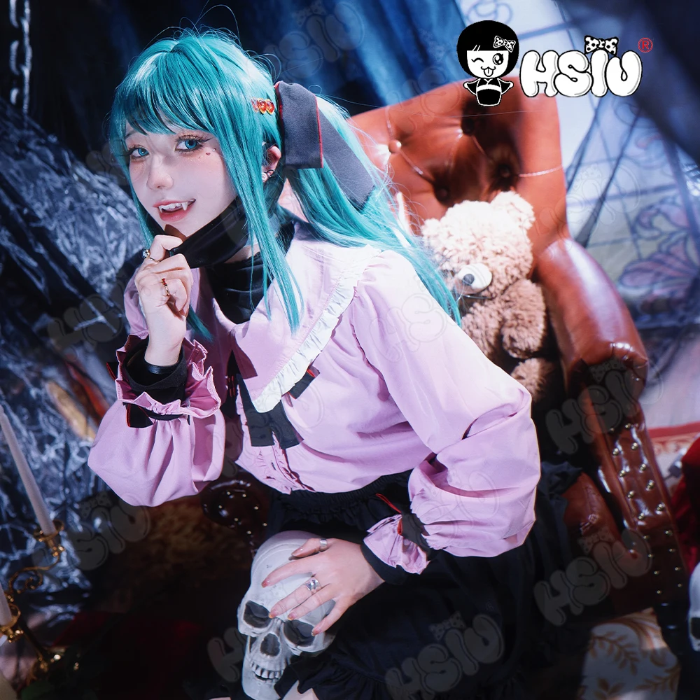 Vampire Miku Cosplay Costumes  Wig Cute Vampire Costume HSIU 45CM Blue-green double ponytail short hair Pink kawaii dress