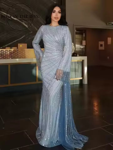 Saudi Arabia Luxury Long Sleeve Evening Dresses 2026 Beaded Mermaid Muslim Evening Party Dress Customized Dubai Prom Dresses