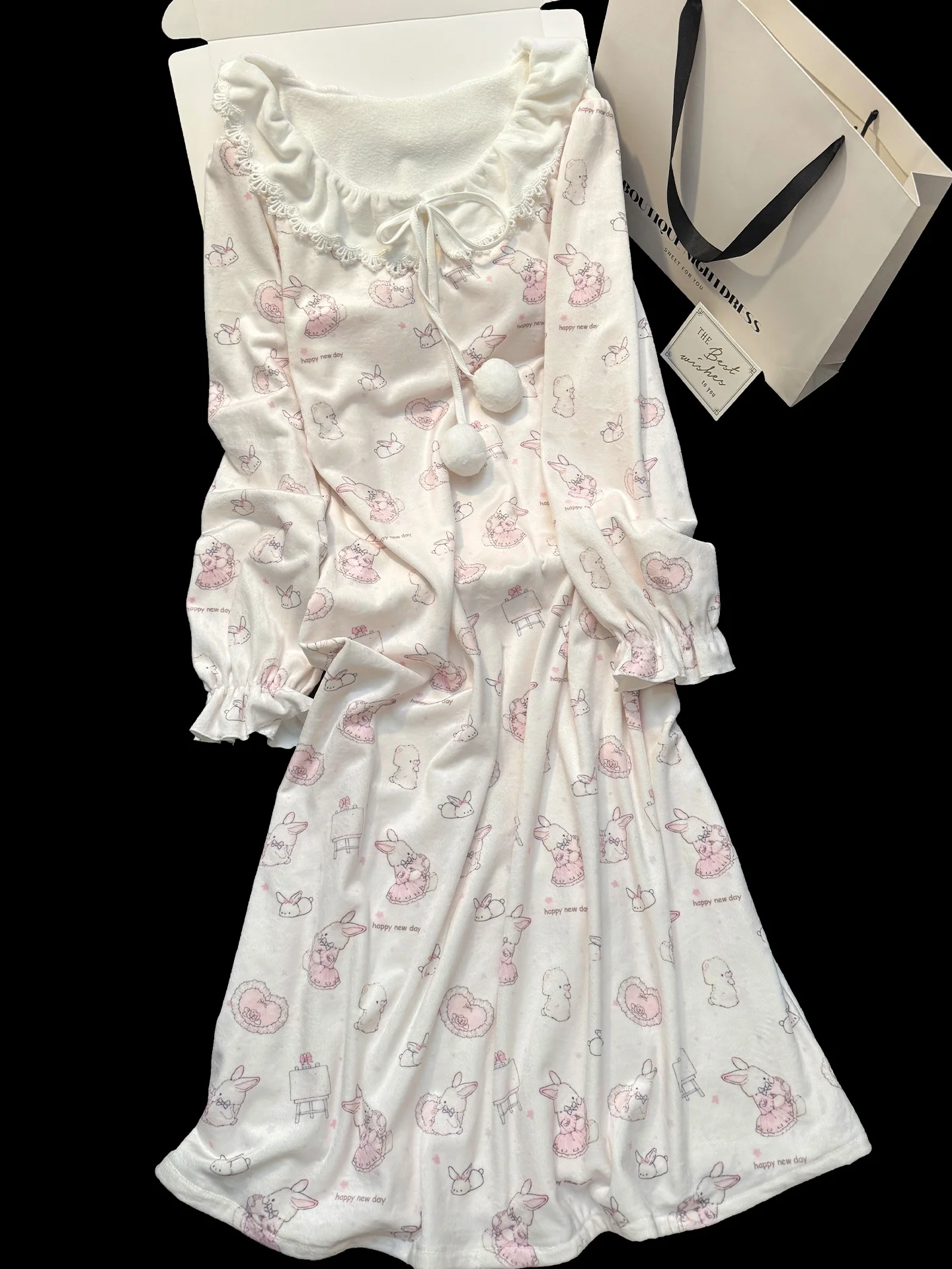 漫画ウサギ柄両面フリースパジャマ-レディース-秋冬-暖かいプリンセススタイル-ホームウェア-起毛寝間着