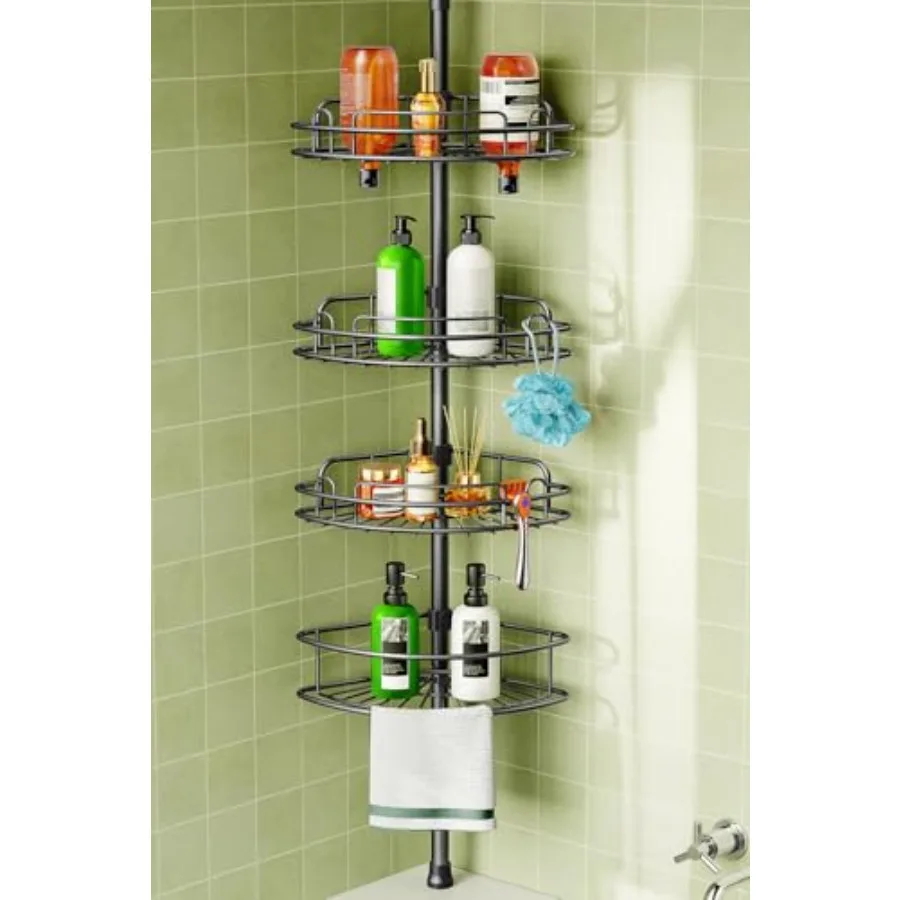 

Corner Shower Caddy Tension Pole 4-Tier Rust-Resistant Adjustable Bathroom Organizer Shelves 47-121 Inch No-Drill Quick Install