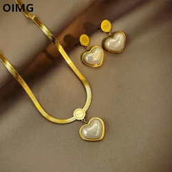 OIMG 316L Stainless Steel Jewelry Sets for Women Temperament Pearl Heart Pendant Necklaces Earrings Set Party Wedding Gifts