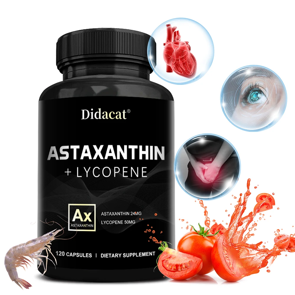 Astaxanthin 24mg + Lycopene 50mg , Natural Antioxidant From Microalgae Astaxanthin Supplement, Support Eye, Skin Health, Non-GMO