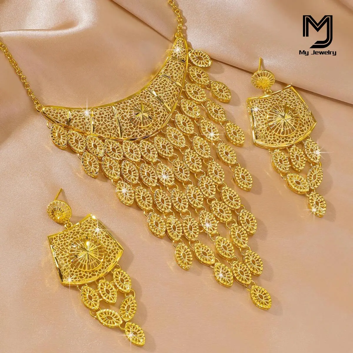 

Middle Eastern Light Luxury Tassel Starry Sky Fashion Women's Necklace Dubai Gold-Plated Pattern Hollow Elegant Earrings Jewelry Set Daily Casual Holiday Gift