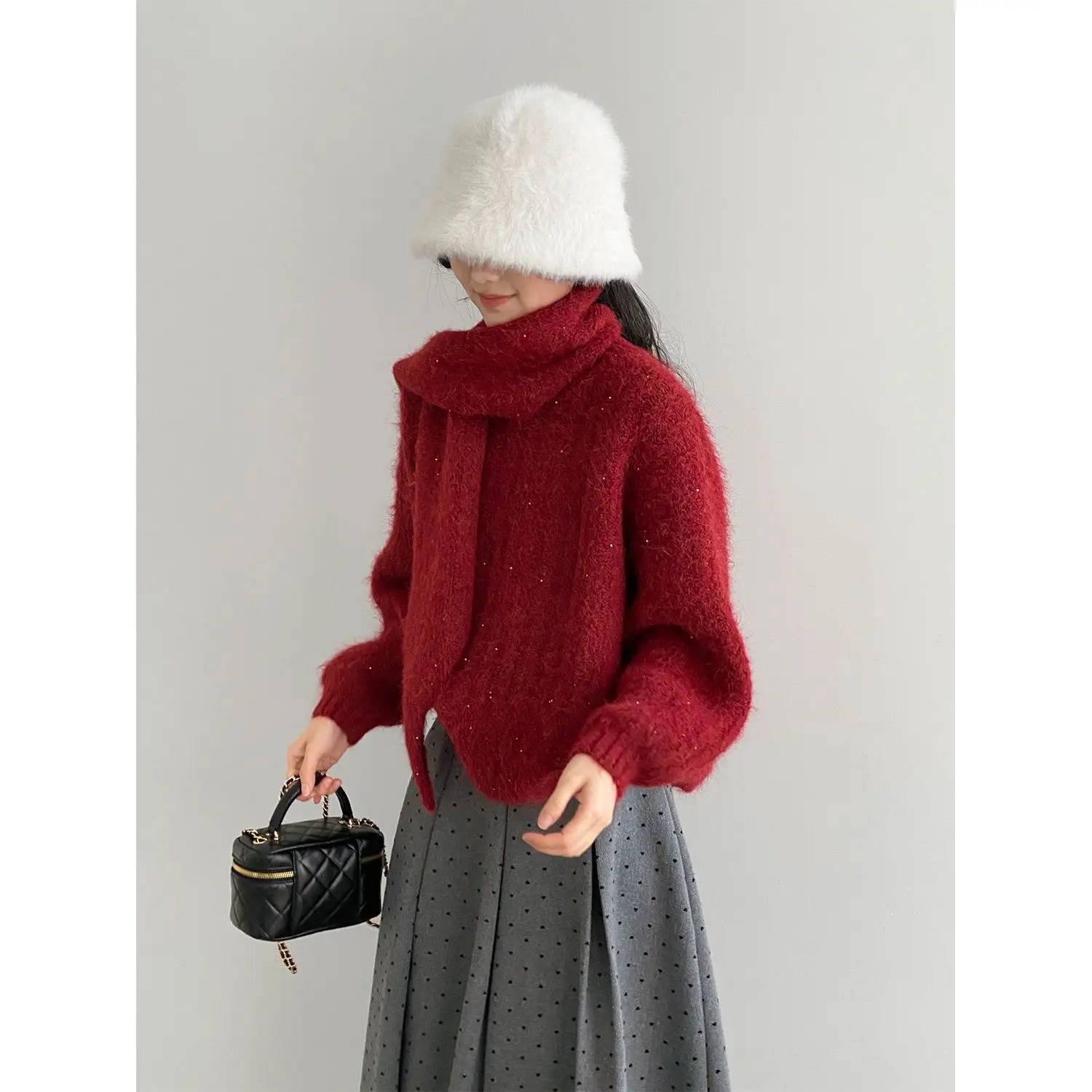 

Shiny~ New Year Christmas Red Crew Neck Sweater For Women With Scarf Loose Elegant Knitted Top