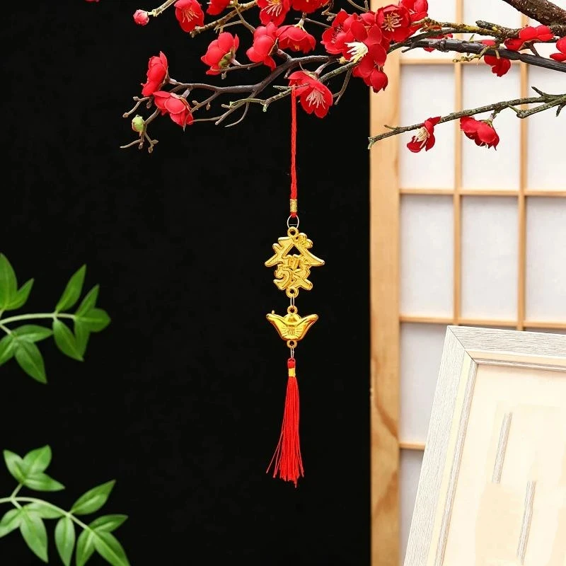 Chinese New Year Gold Ingot Hanging Ornaments Lucky Fu Design Red Tassel For Home Car Spring Festival Decor