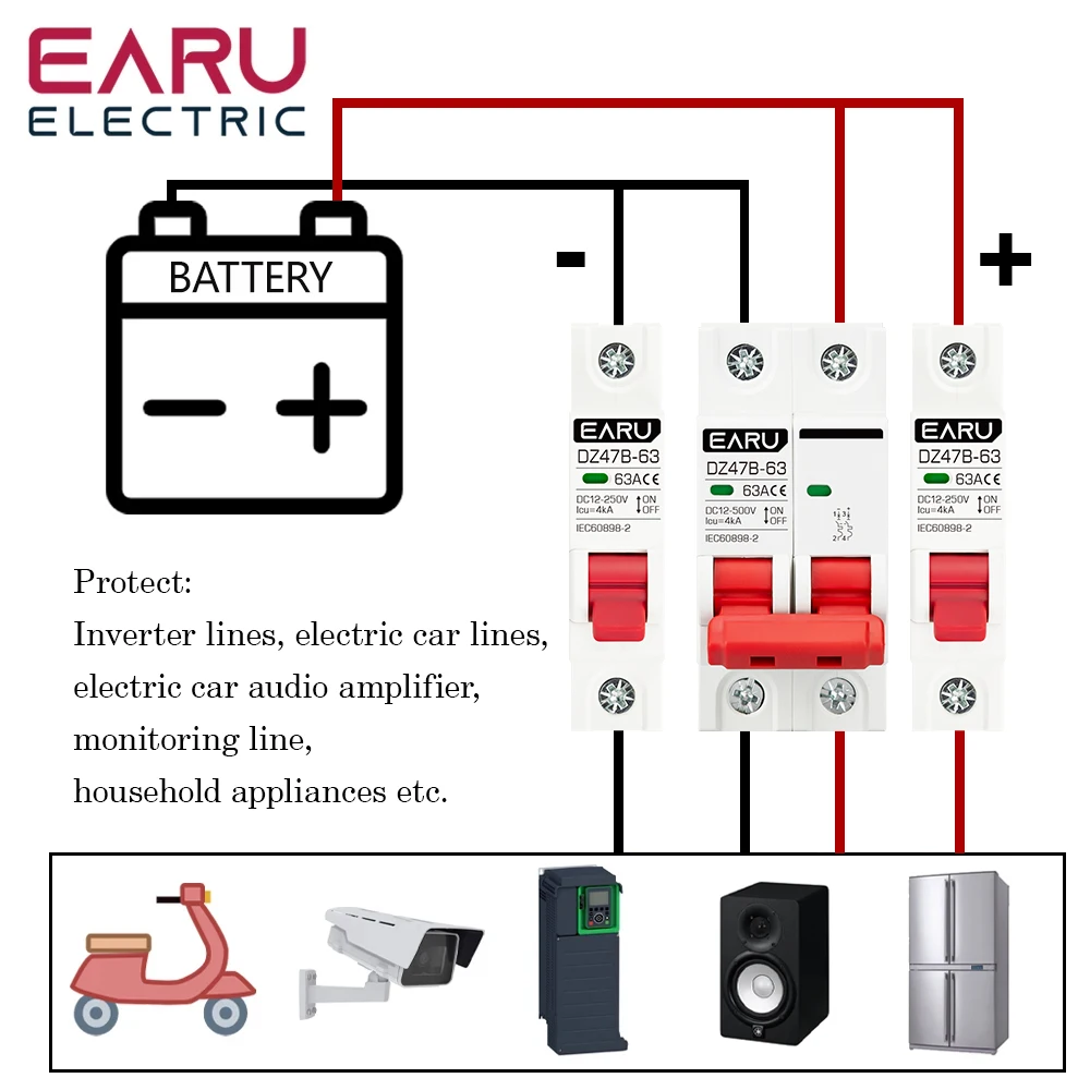 1P 2P DC MCB 12V 24V 48V Wyłącznik samochodowy Akumulatorowy ochraniacz samochodowy DZ47 DC Dodatni ujemny słup Rotection Protect Switch Izolator