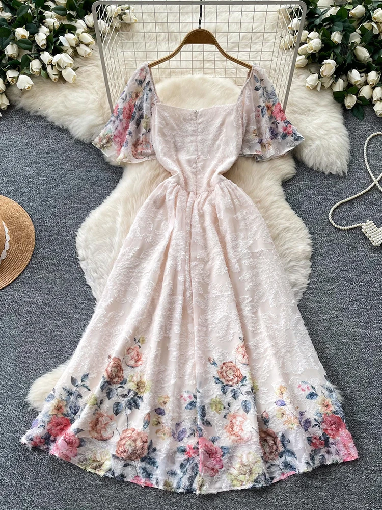 Holiday Printed Sweet Dress for Women\'s Summer New Short Sleeved Square Neck High Waist Slim Fit Large Swing Long Dress S612