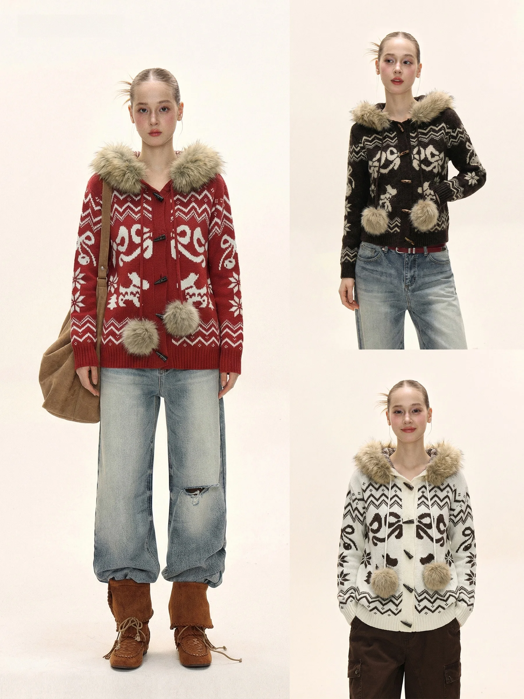 

Зимний женский вязаный кардиган iyue с отстегивающимся меховым воротником, утепленный, мягкий, с длинными рукавами и высоким воротником