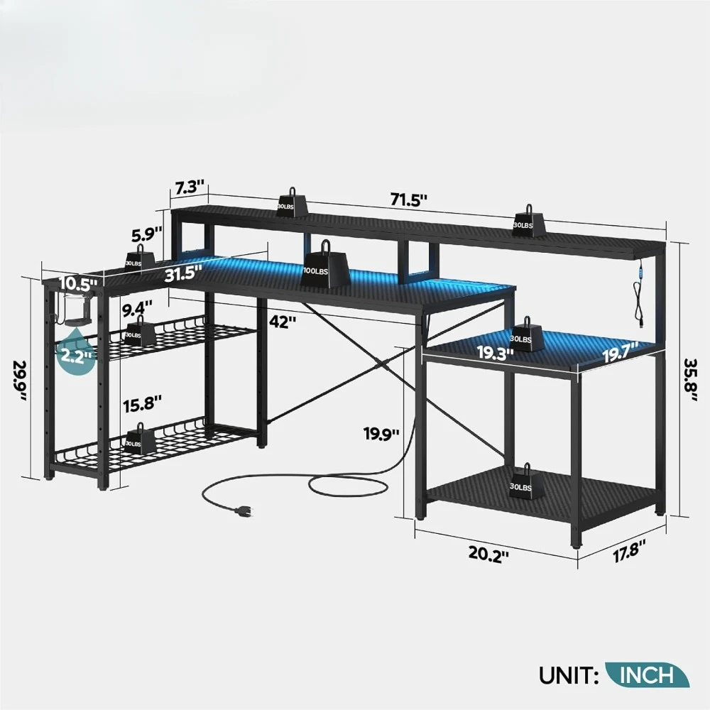 Gaming Desk with Power Outlets, 71.5 LED Computer Desk with Long Monitor Stand, Large L Shaped Corner Desk