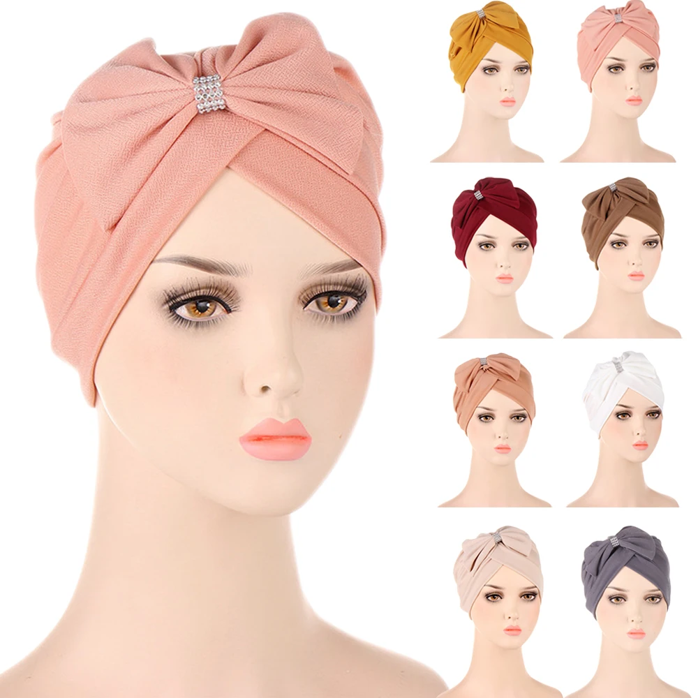 Muslim Women Hijab Turban Hat Bowknot Cross Forehead Bonnet Headwrap Scarf Chemo Hair Loss Cap Beanies Islamic Cover Solid Color