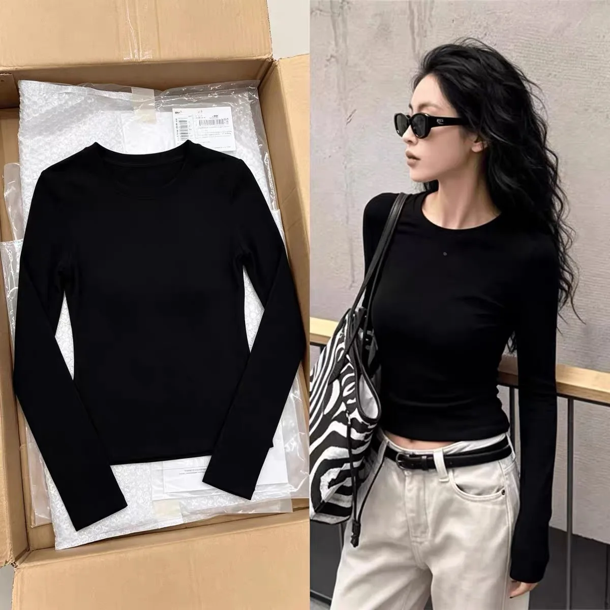 Pure Color Long Sleeve T-Shirt Women's Autumn Winter New Style Slimming Simple Fashion Shoulder Level Top Quality Polyester S...