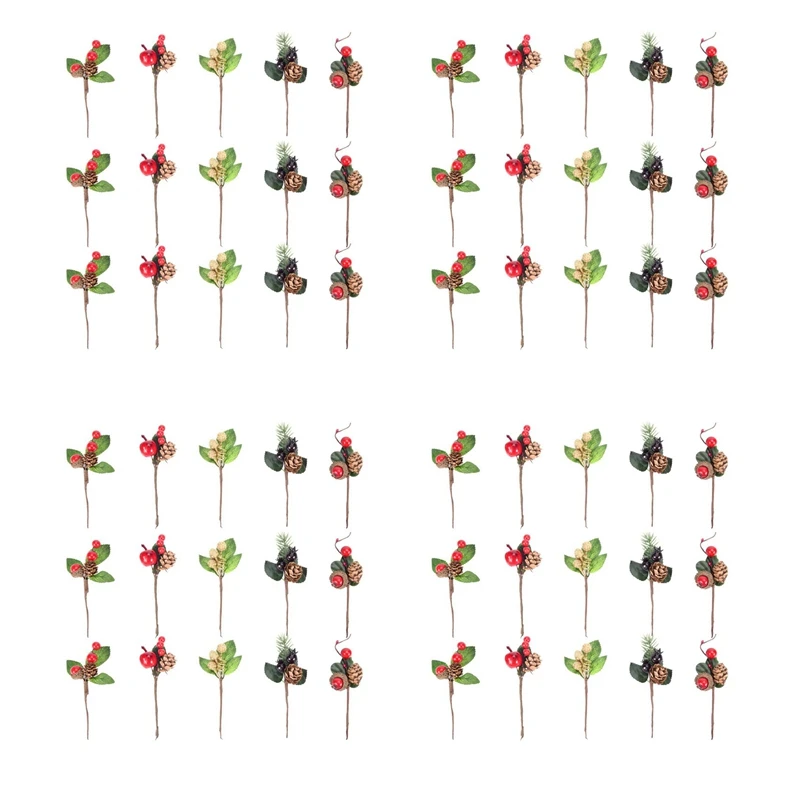 

60Pcs Red Christmas Berry And Pine Cone Picks With Holly Branches For Holiday Floral Decor Flower Crafts