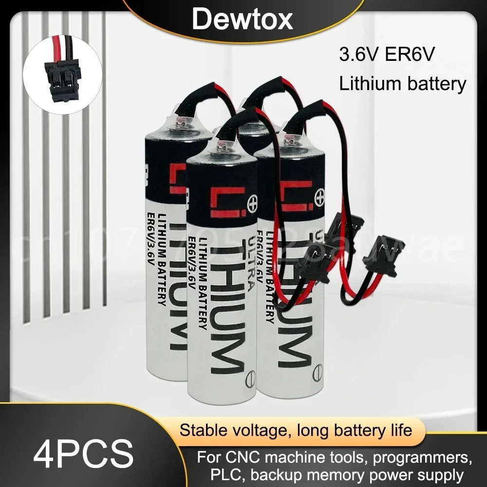 4PCS Original New ER6V Battery Pack 3.6V 2000mAh PLC Industrial Lithium Batteries with Black Plugs Connectors