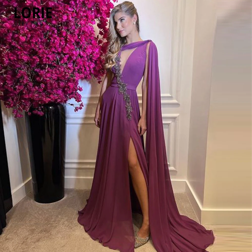 

LORIE Simple Dark Purple Evening Dresses 2022 Chiffon Lace Appliques Backless High Side Slit Long Prom Dress Vestidos De Noche