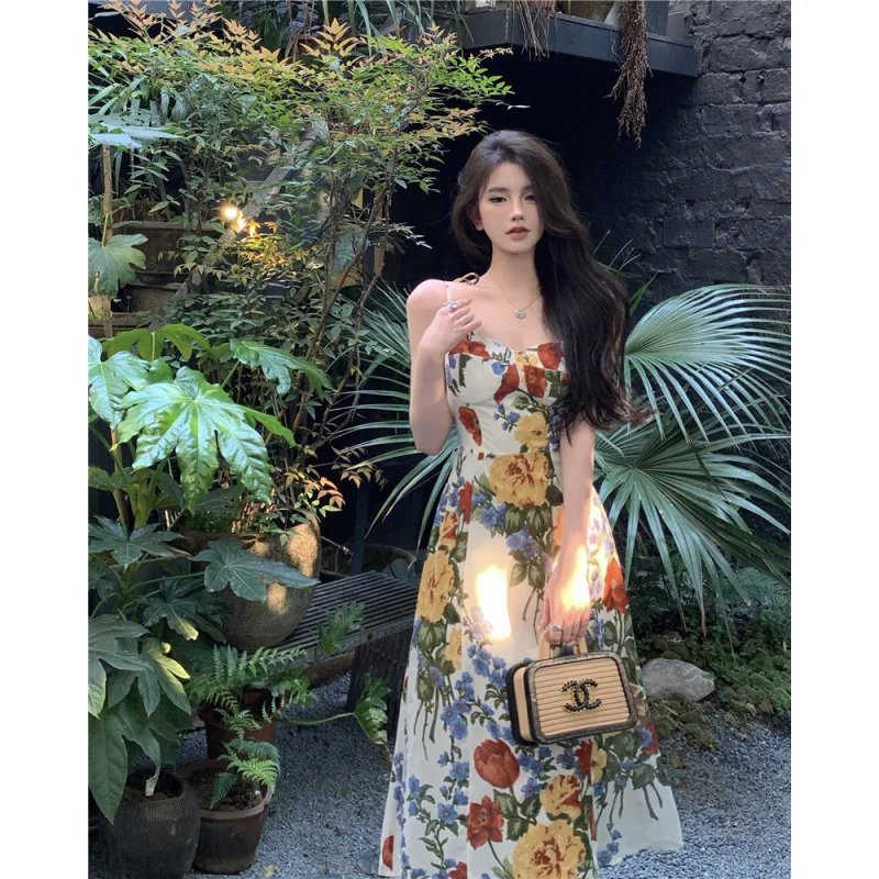 Real Shot French Style Desire Floral Vacation Dress New Slimming Slit Strap Dress Women
