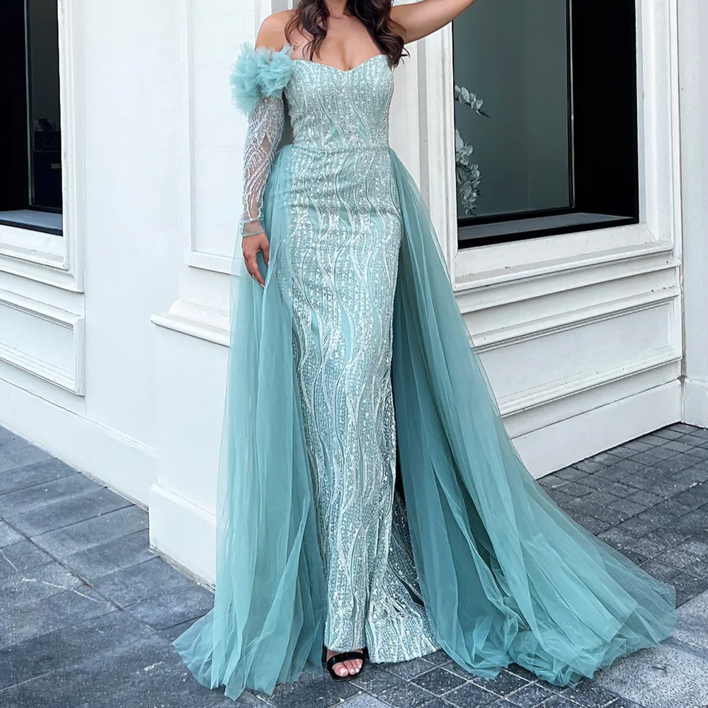 

Mermaid Sweetheart One Shoulder Organza Long Sleeves Blue Exquisite and Modern Evening Gowns Panel Train Sequined Crystal Pleats