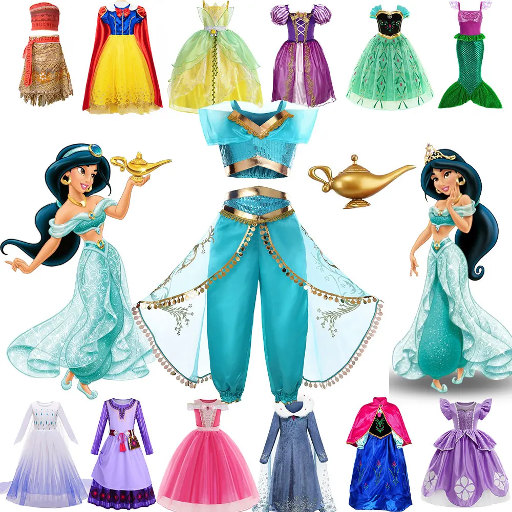 

2024 Aladdin Jasmine Princess Dress Girls Party Prom Sleeping Beauty Costume Carnival Apparel Frozen Elsa Cosplay Halloween Robe