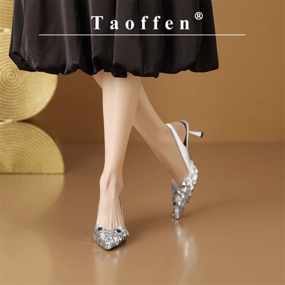 Taoffen Brand High Heel Fashion Women\'s Pumps Thin Heel Slingback Retro Female Pumps Pointed Toe bling Lady Shoes 2024 New Trend