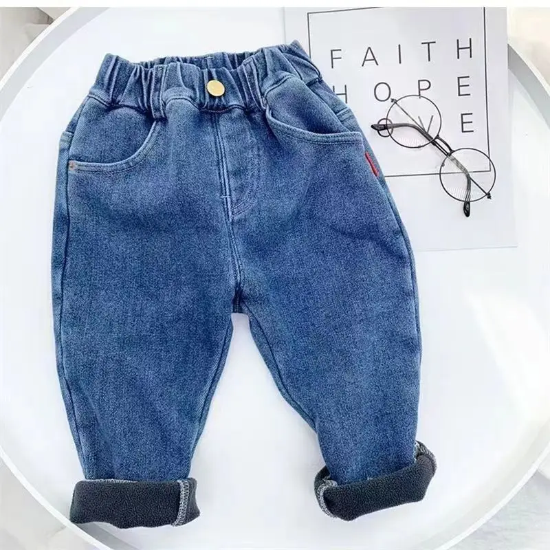 Boy Jeans 2023 Velvet Winter Warm 2-7T Jeans for Girls Pants Boys Fall Outerwear Clothes Teenagers Trousers Kids Pant