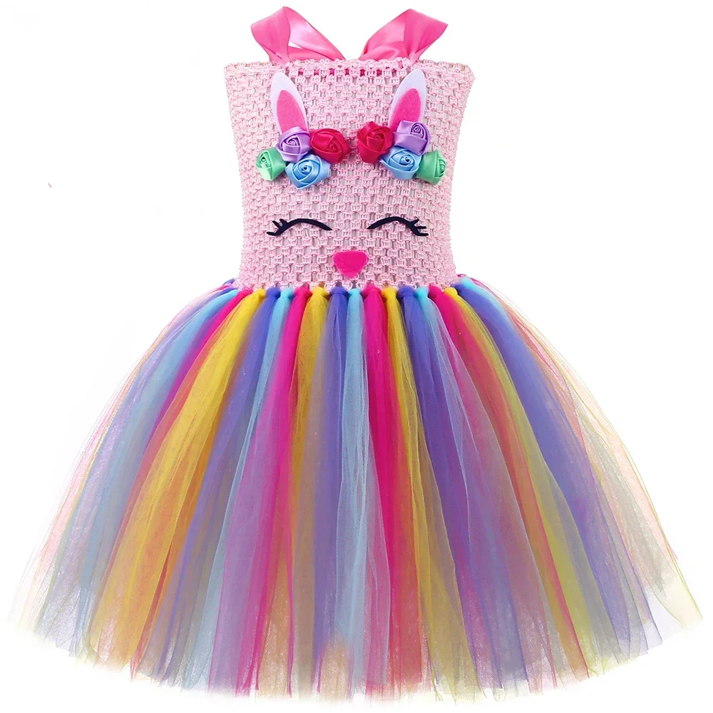 Girls Easter Bunny Costume Kids Halloween Birthday Holiday Princess Dress Up Clothes Rainbow Flowers Girl Rabbit Tutu Dress Set