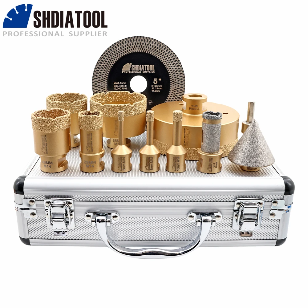 SHDIATOOL 12pcs Diamond Tool Kit 6/8/10/25/40/50/68/110mm Drill Bits 20mm Drilling Milling Bit 50mm Chamfer Bit 125mm Saw Blade